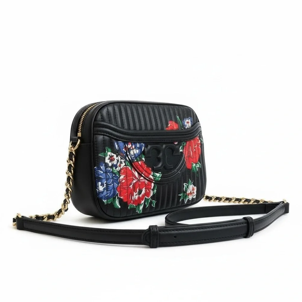 Tory Burch Floral Camera Crossbody Bag Black Nylon Leather Trim - Picture 2 of 12